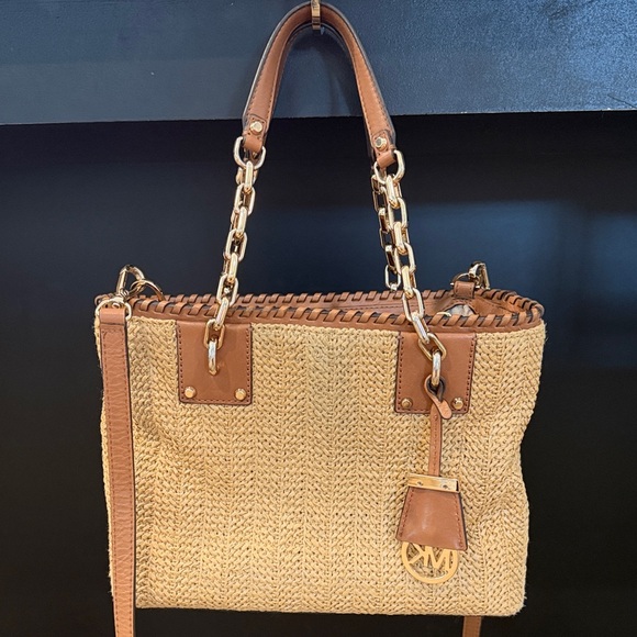 MICHAEL Michael Kors Straw Rosalie Medium Tan and Brown Purse - Picture 1 of 16